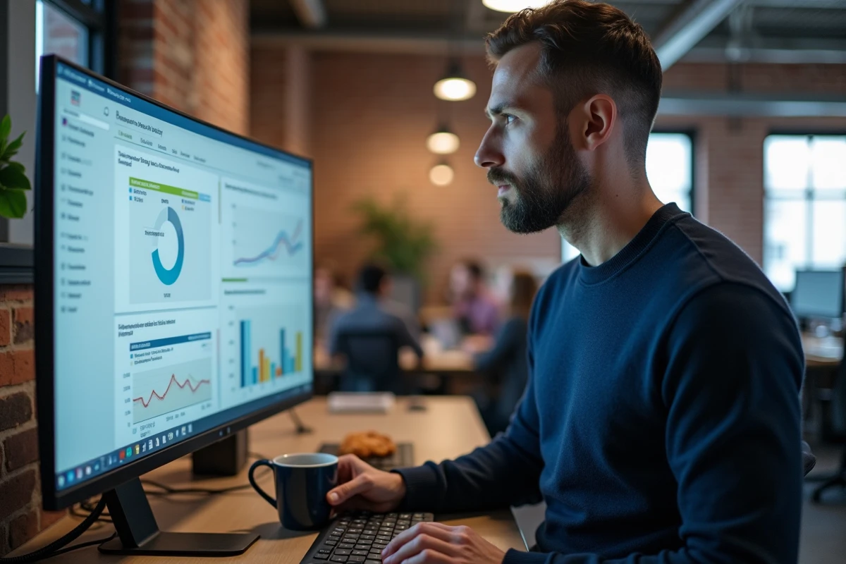 Homme debout devant un tableau de bord numérique dans un espace de coworking moderne, symbolisant la gestion structurée d'un projet digital sans dispersion