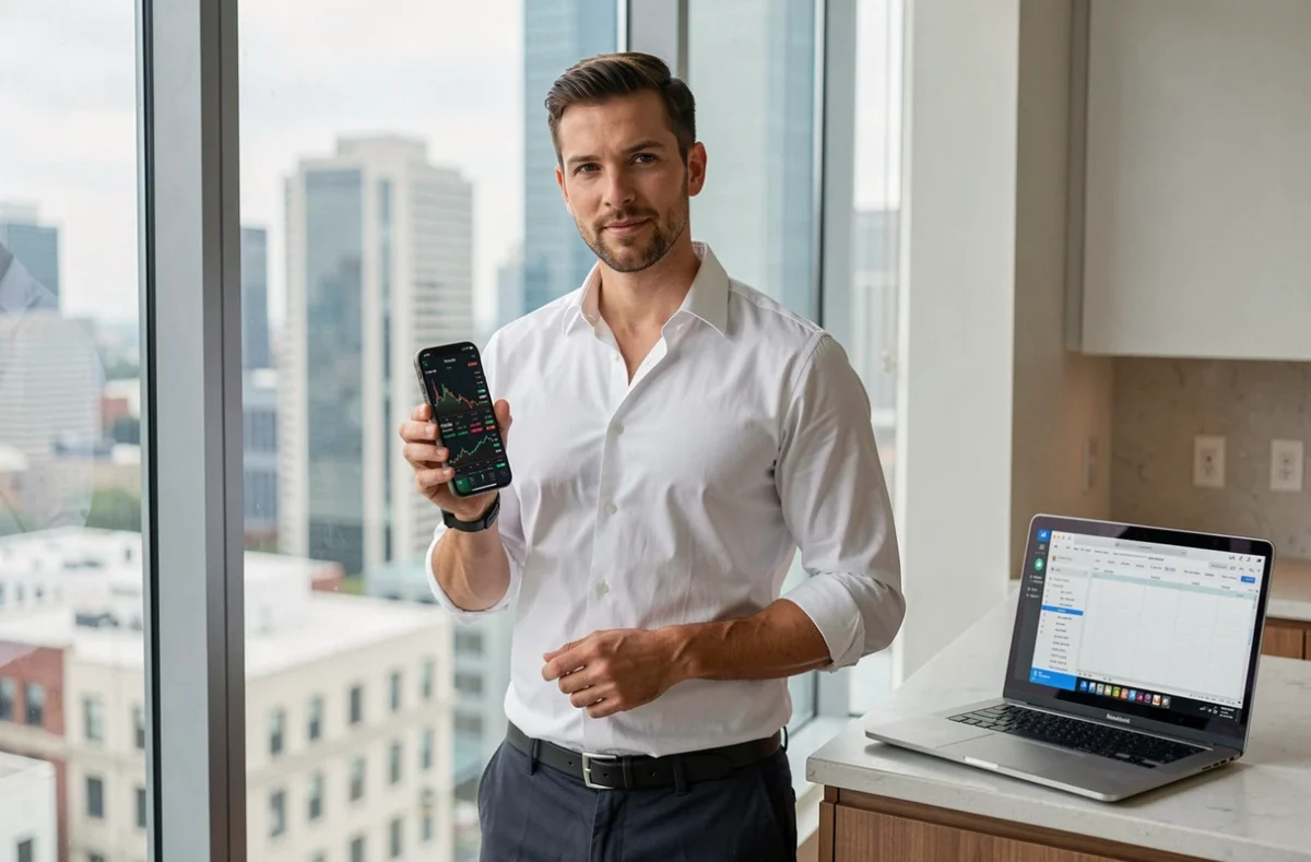 Homme entrepreneur consultant son application de trading de cryptomonnaies sur smartphone avec vue urbaine en arrière-plan