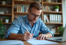 Certification : Comment valider un document conforme soi-même ? Homme d'âge moyen concentré à son bureau avec documents