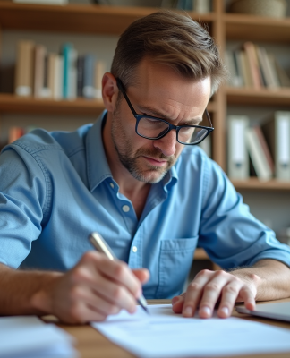 Certification : Comment valider un document conforme soi-même ? Homme d'âge moyen concentré à son bureau avec documents