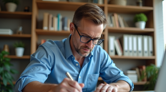 Homme d'âge moyen concentré à son bureau avec documents