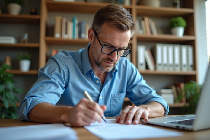 Homme d'âge moyen concentré à son bureau avec documents