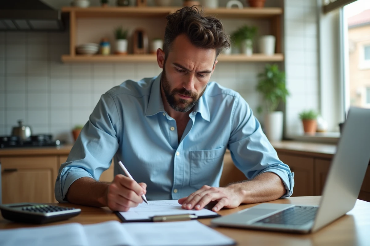 Homme travaillant à la maison avec documents et ordinateur
