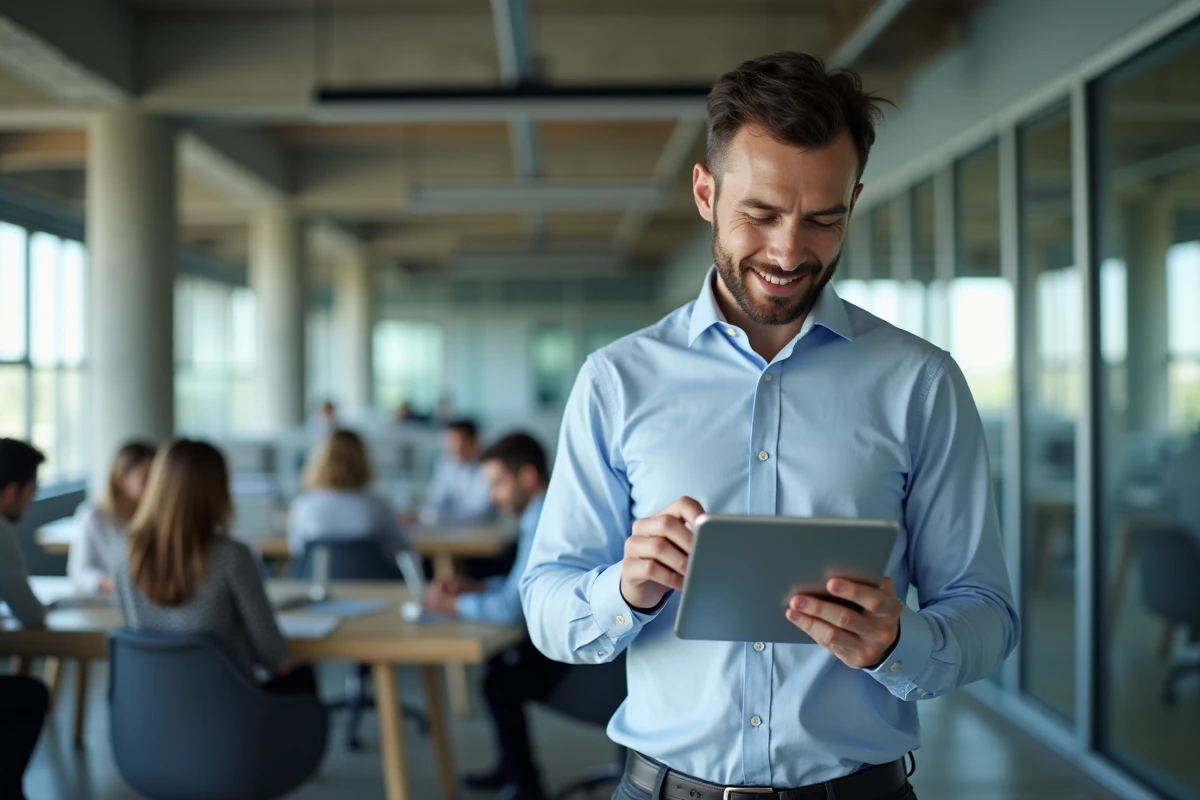 Homme en tenue professionnelle utilisant une tablette au travail