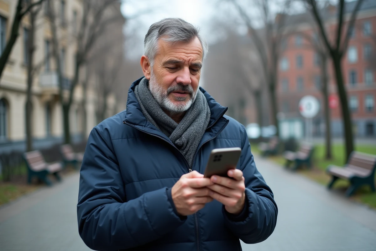Homme dans un parc urbain utilisant son smartphone
