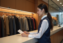 Durée pour être payé en vestiaire : combien de temps attendre ? Jeune hôtesse en veston navy derrière un comptoir de vestiaire