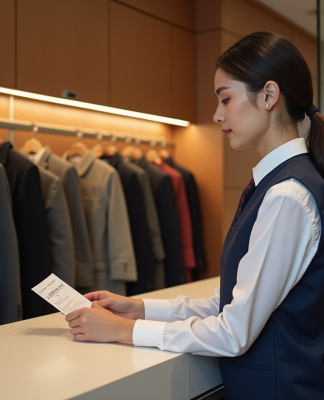 Durée pour être payé en vestiaire : combien de temps attendre ? Jeune hôtesse en veston navy derrière un comptoir de vestiaire