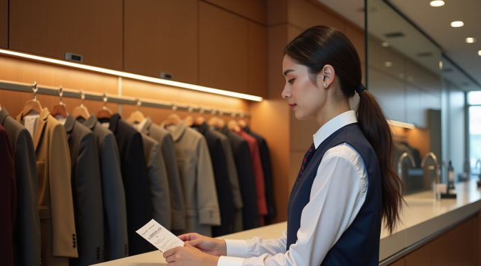 Durée pour être payé en vestiaire : combien de temps attendre ? Jeune hôtesse en veston navy derrière un comptoir de vestiaire