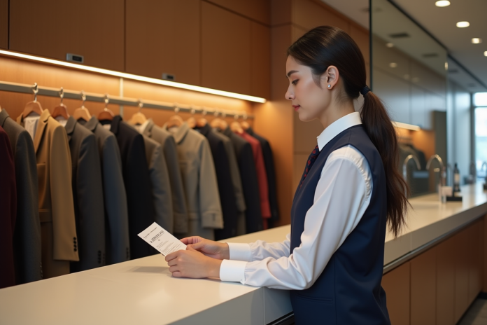 hotesse-coat-check-navy Jeune hôtesse en veston navy derrière un comptoir de vestiaire