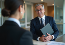 Recouvrement : qui paie les frais d’huissier ? Huissier en costume bleu discutant avec une femme au bureau