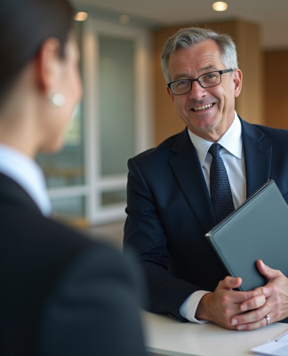 Recouvrement : qui paie les frais d’huissier ? Huissier en costume bleu discutant avec une femme au bureau