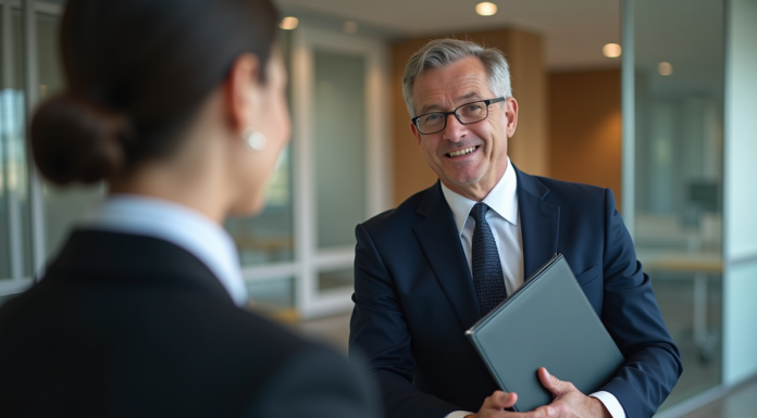 Huissier en costume bleu discutant avec une femme au bureau
