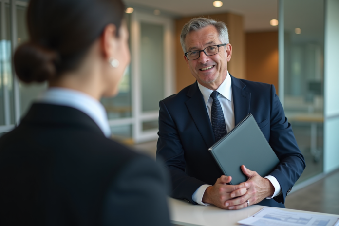 Huissier en costume bleu discutant avec une femme au bureau