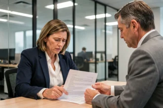 Une employée et un responsable RH examinent un contrat de travail CDD-CDI dans un bureau d'entreprise, discutant d'une indemnité de fin de contrat oubliée