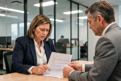 Une employée et un responsable RH examinent un contrat de travail CDD-CDI dans un bureau d'entreprise, discutant d'une indemnité de fin de contrat oubliée