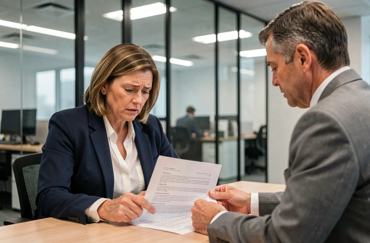 Une employée et un responsable RH examinent un contrat de travail CDD-CDI dans un bureau d'entreprise, discutant d'une indemnité de fin de contrat oubliée