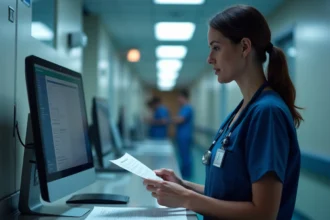 Infirmière de nuit consultant son bulletin de salaire au poste de soins d'un hôpital