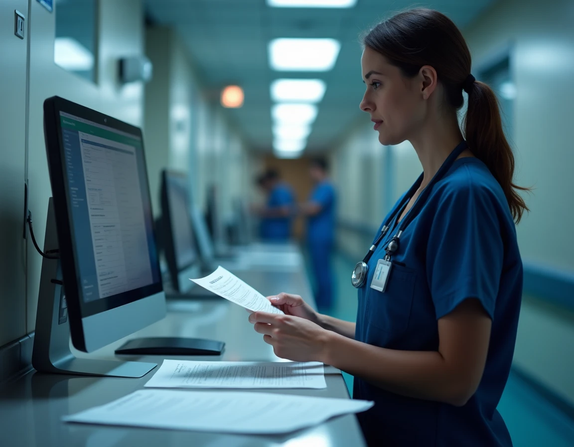 Infirmière de nuit consultant son bulletin de salaire au poste de soins d'un hôpital
