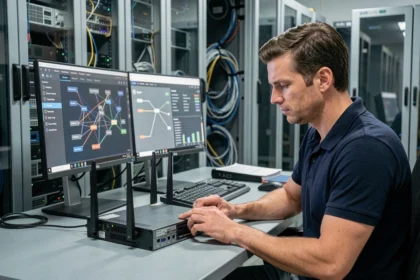 Ingénieur réseau configurant un plan de bi-connexion internet sur un poste de travail professionnel avec deux routeurs
