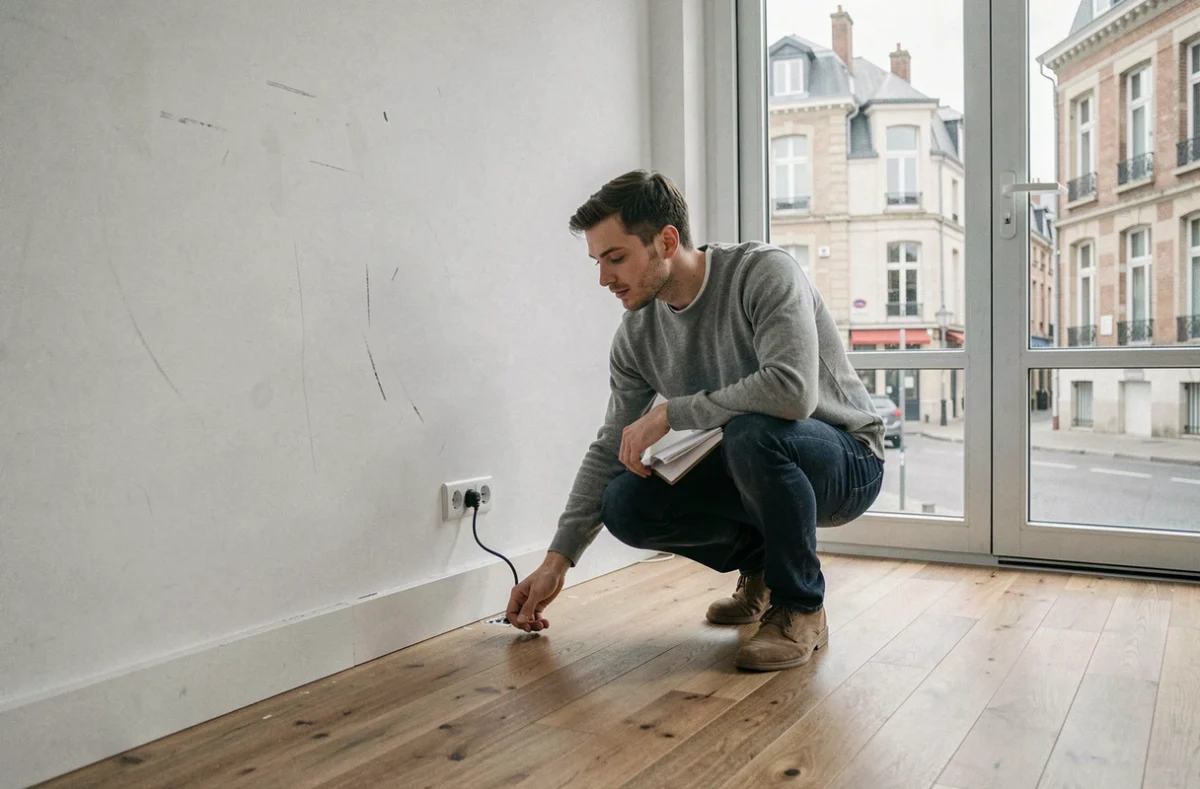Entrepreneur inspectant l'état d'un bureau vide à Brest avant de signer un bail commercial