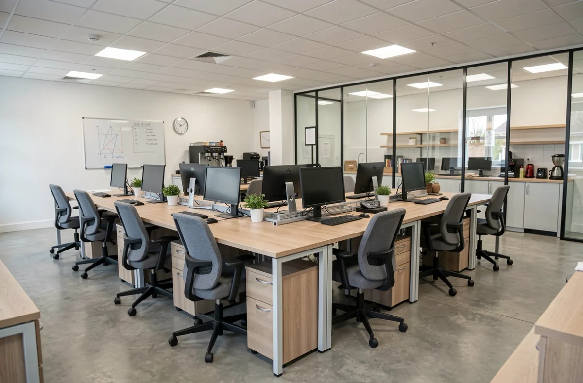 Intérieur d'un espace de coworking milieu de gamme à Caen avec postes de travail organisés et salle de réunion