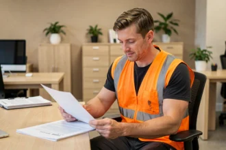 Intérimaire en gilet haute visibilité consultant des documents sur les avantages du comité d'entreprise Loxam CE dans un bureau RH moderne