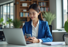 Outils marketing : découvrir les outils indispensables en 2025 ! Jeune femme d'affaires concentrée sur son ordinateur dans un bureau moderne