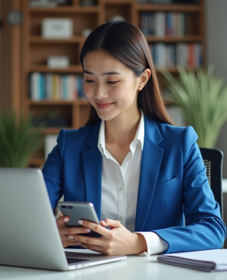 Outils marketing : découvrir les outils indispensables en 2025 ! Jeune femme d'affaires concentrée sur son ordinateur dans un bureau moderne