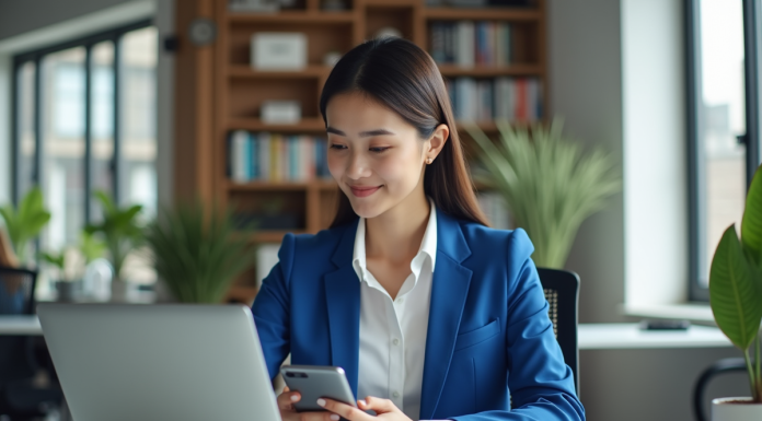 Jeune femme d'affaires concentrée sur son ordinateur dans un bureau moderne