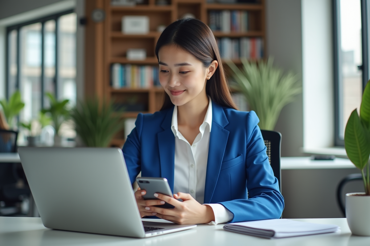 Jeune femme d'affaires concentrée sur son ordinateur dans un bureau moderne