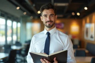 Jeune directeur McDonald's en costume professionnel consultant des documents dans un bureau de restaurant moderne