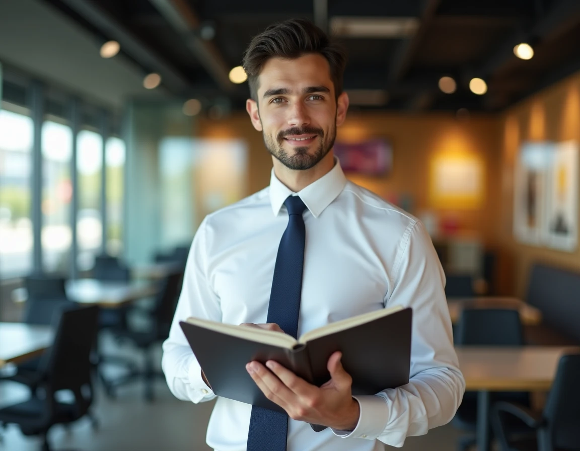 Jeune directeur McDonald's en costume professionnel consultant des documents dans un bureau de restaurant moderne