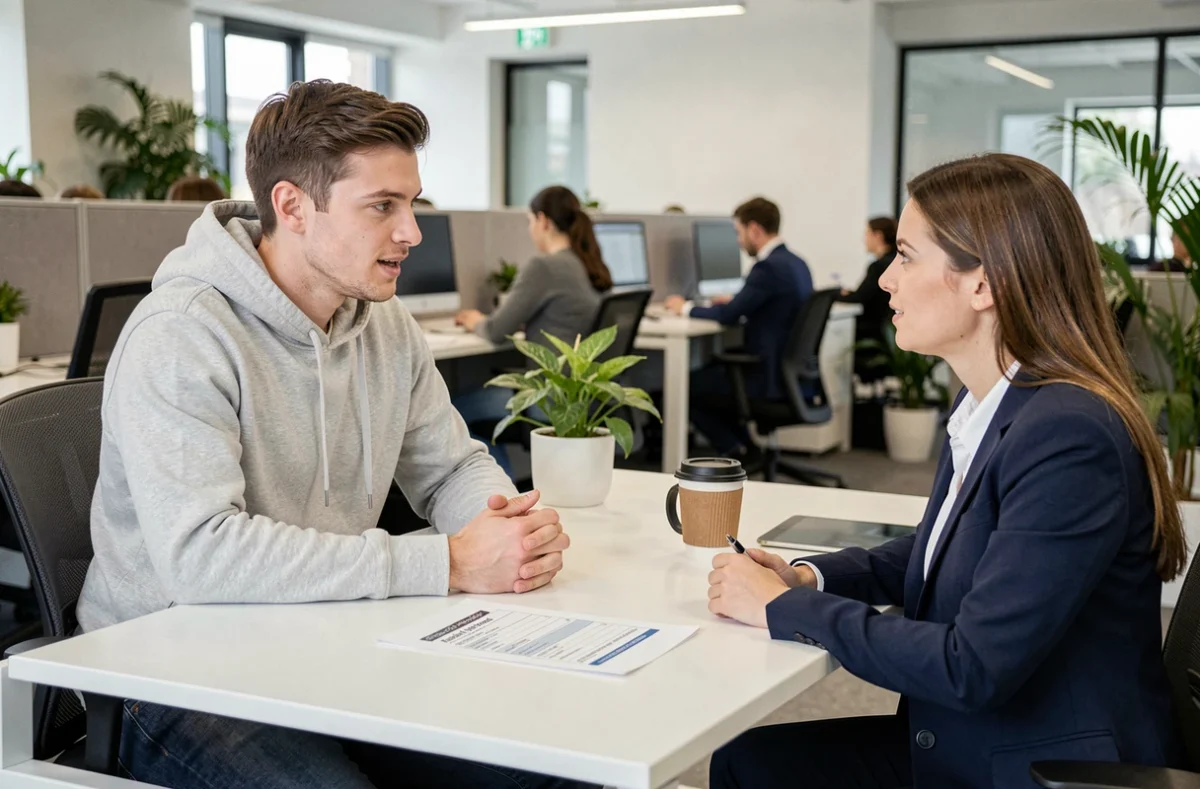 Jeune entrepreneur en entretien avec un conseiller pour comprendre ses droits à l'Acre