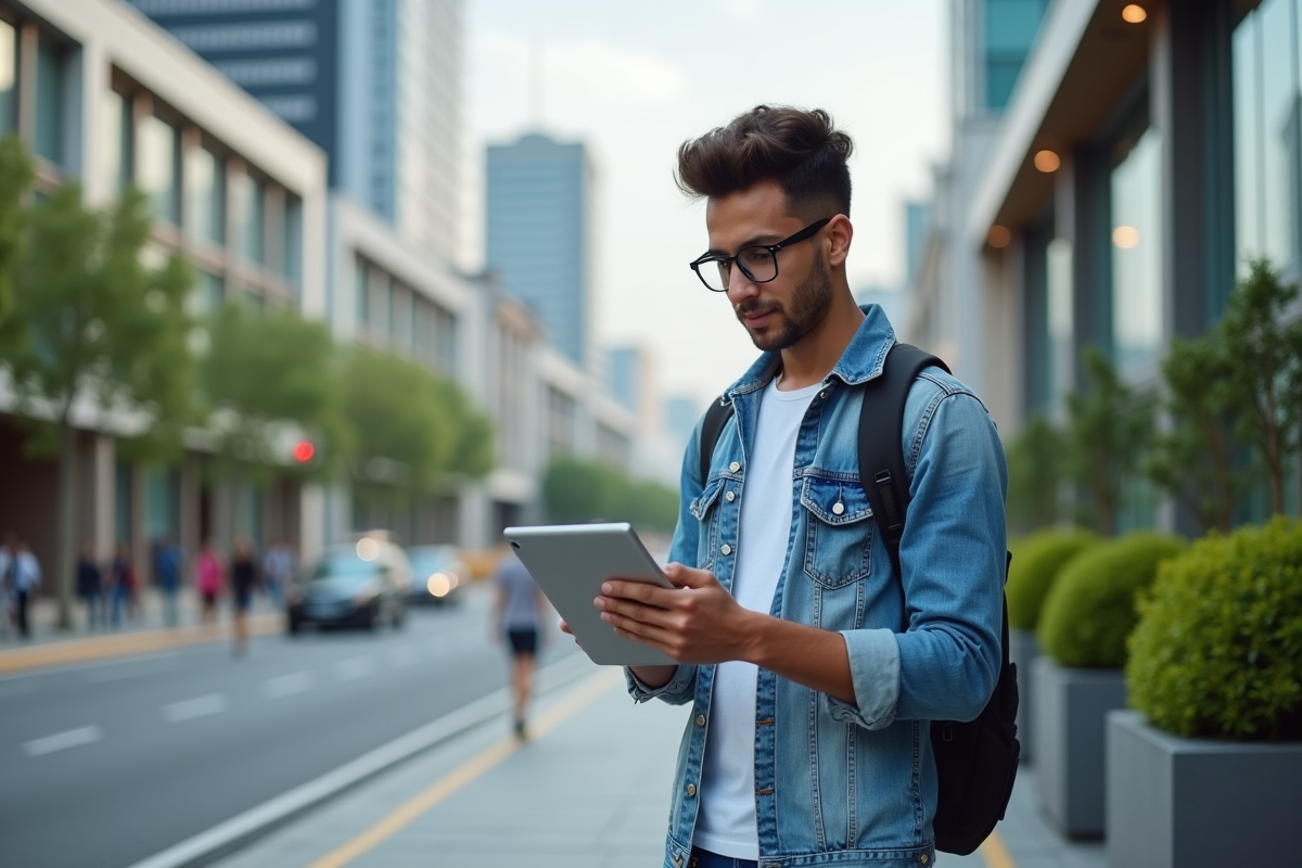 Jeune entrepreneur utilisant une tablette en ville dynamique
