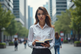 Jeune femme confiante dans la ville en revue notes
