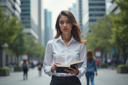 Jeune femme confiante dans la ville en revue notes