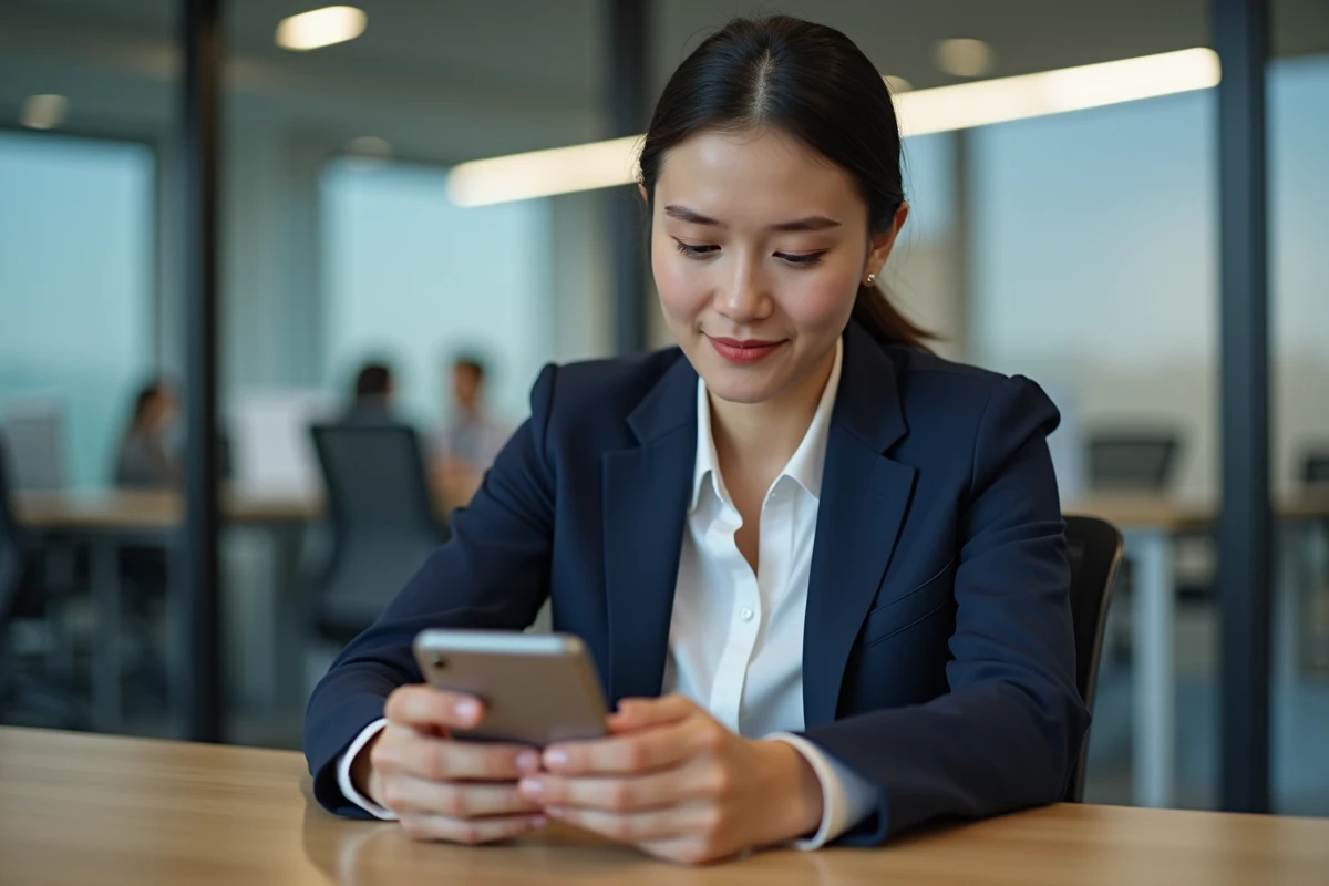 Jeune femme en bureau utilisant son smartphone pour la gestion RH