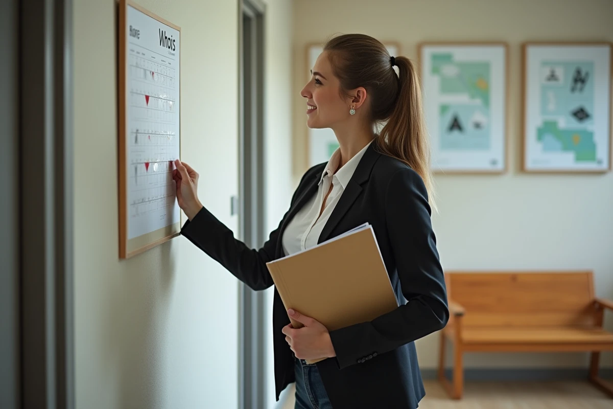 Jeune femme regardant un calendrier dans un bureau