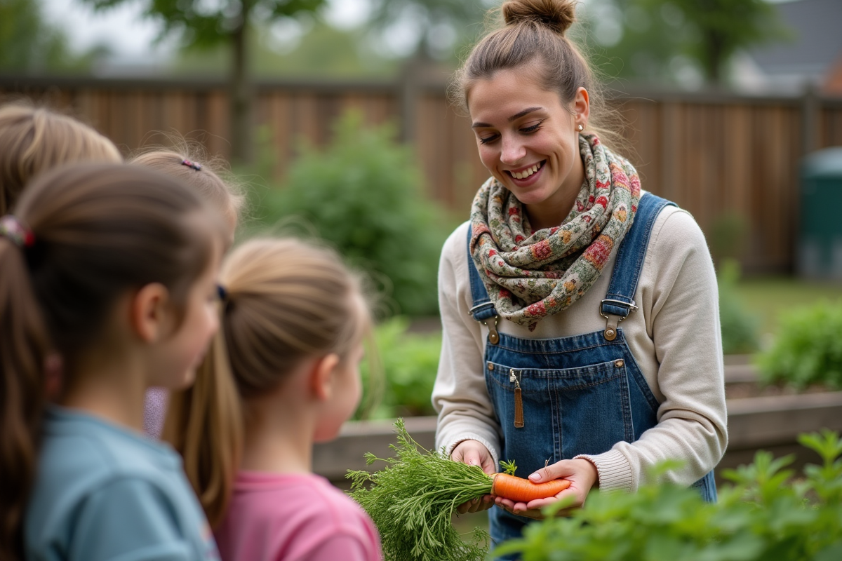 Jeune femme montrant des carottes aux enfants dans le jardin