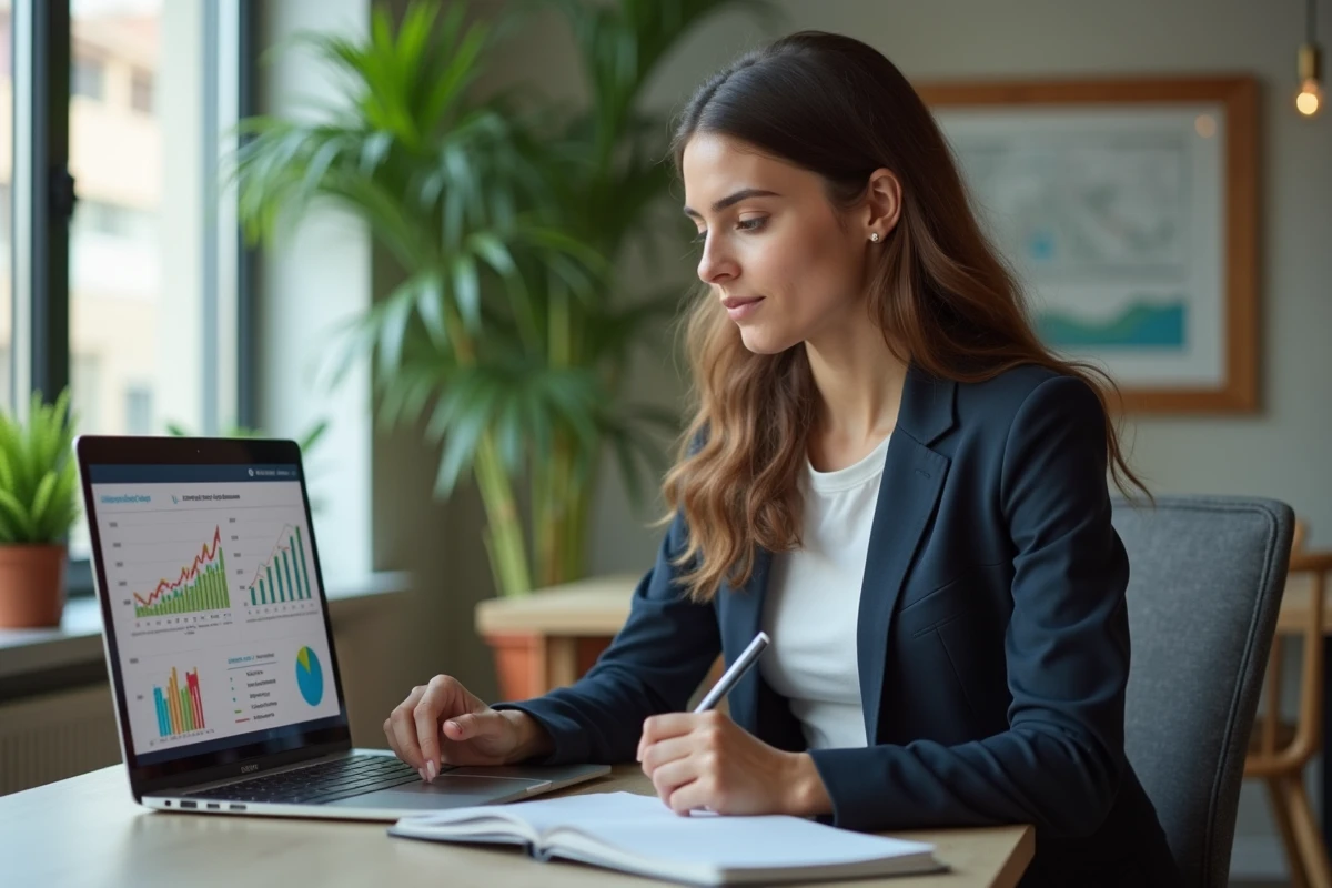 Jeune femme en coworking analysant des graphiques colorés