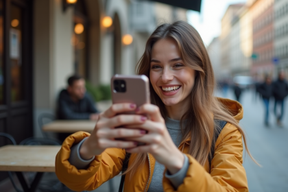 Jeune femme streetwear souriante filme avec son smartphone