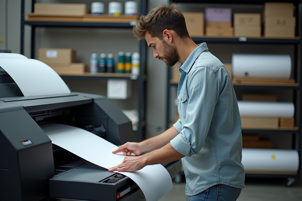 Jeune homme chargeant du papier dans une imprimante grand format