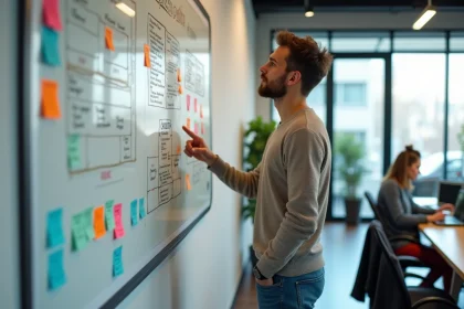 Jeune homme pointant un diagramme de growth hacking dans un bureau moderne