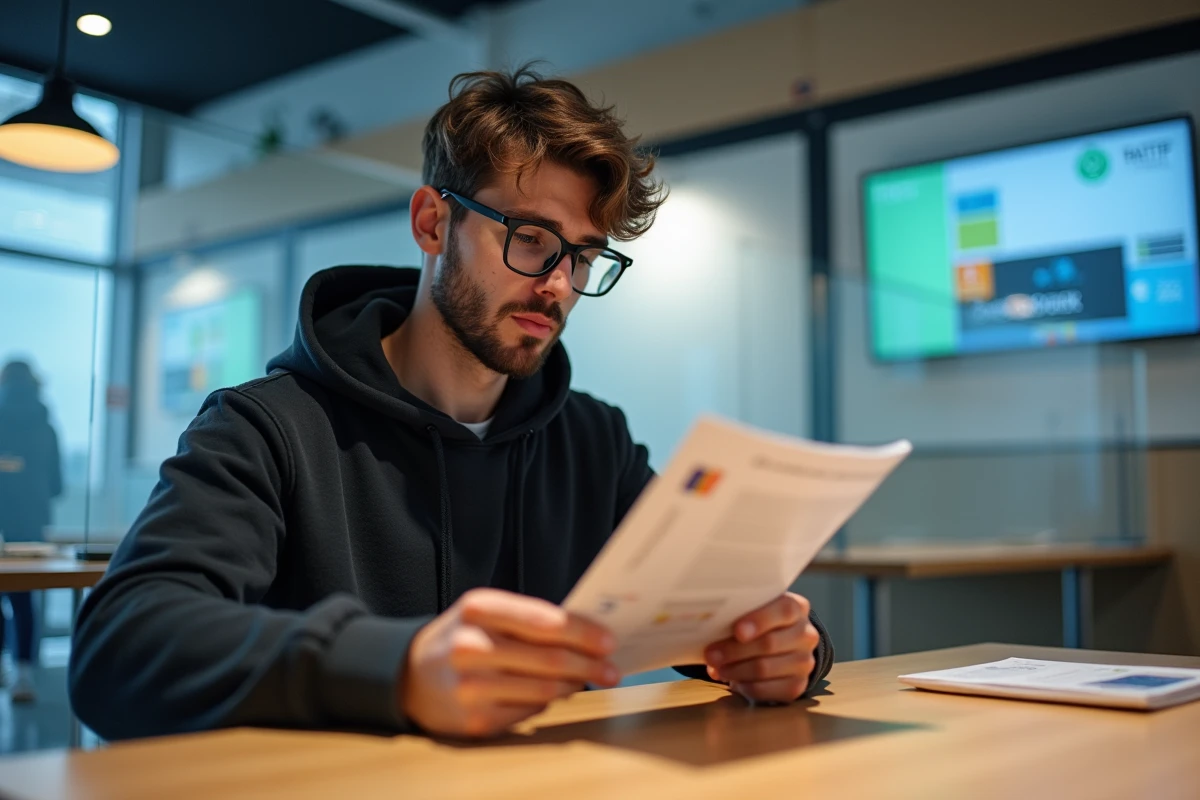 Jeune homme lisant une brochure de privacy dans un centre RATP