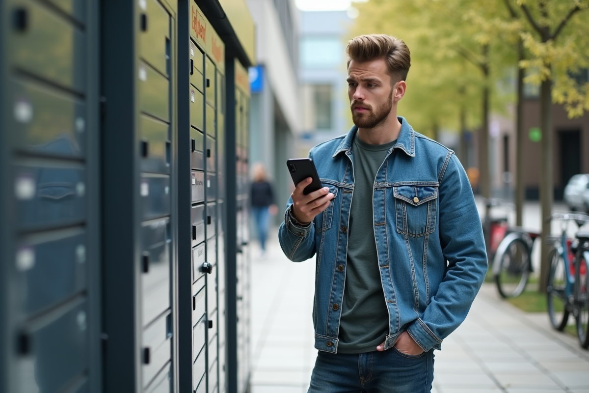 Jeune homme devant un casier à vélo en ville avec smartphone