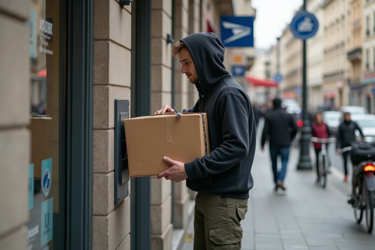 Jeune homme déposant un colis à la poste en ville