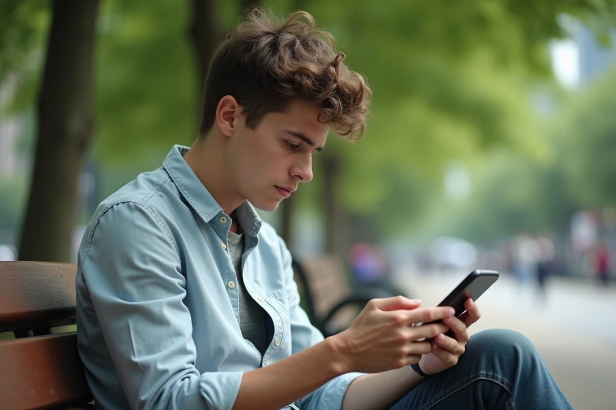 Jeune homme en plein air regarde son smartphone