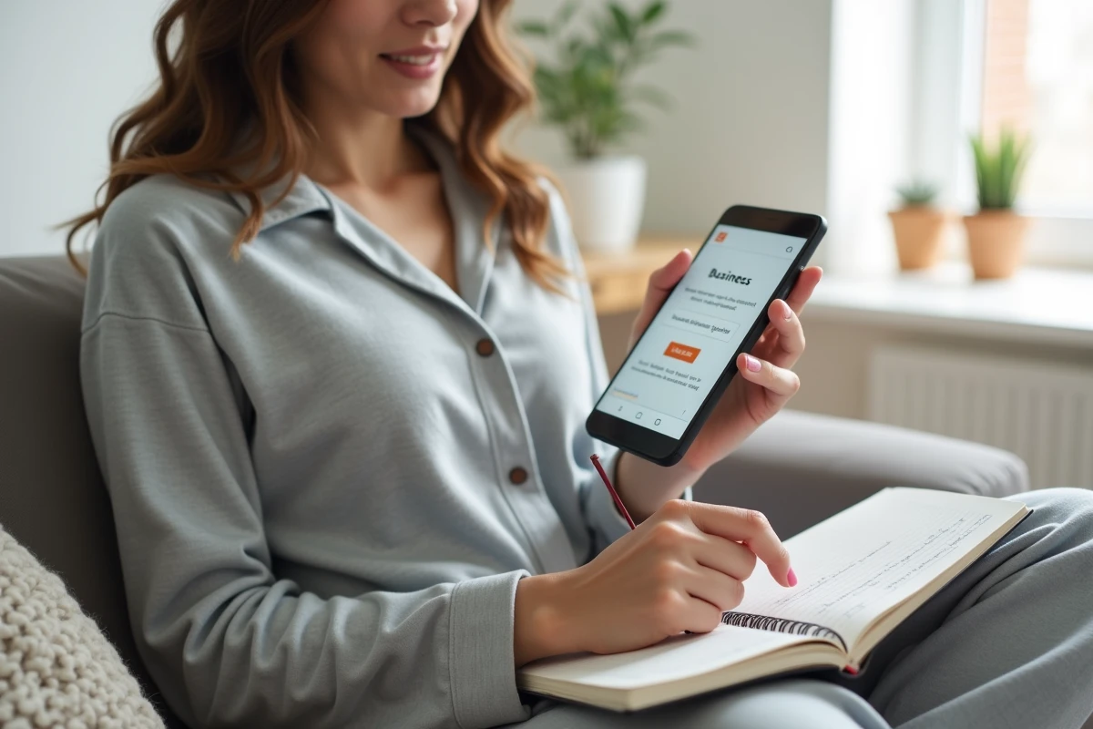 Jeune micro-entrepreneuse consultant un site d'enregistrement professionnel sur smartphone pour obtenir son numéro DUNS depuis son appartement
