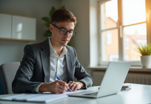 Jeune professionnel travaillant sur un calcul de salaire à son bureau lumineux