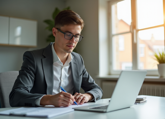 Calculer facilement le salaire net pour 2500 euros brut Jeune professionnel travaillant sur un calcul de salaire à son bureau lumineux
